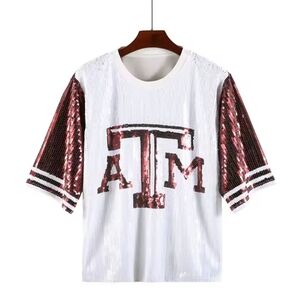 Sequin T-Shirt with Maroon and White Design